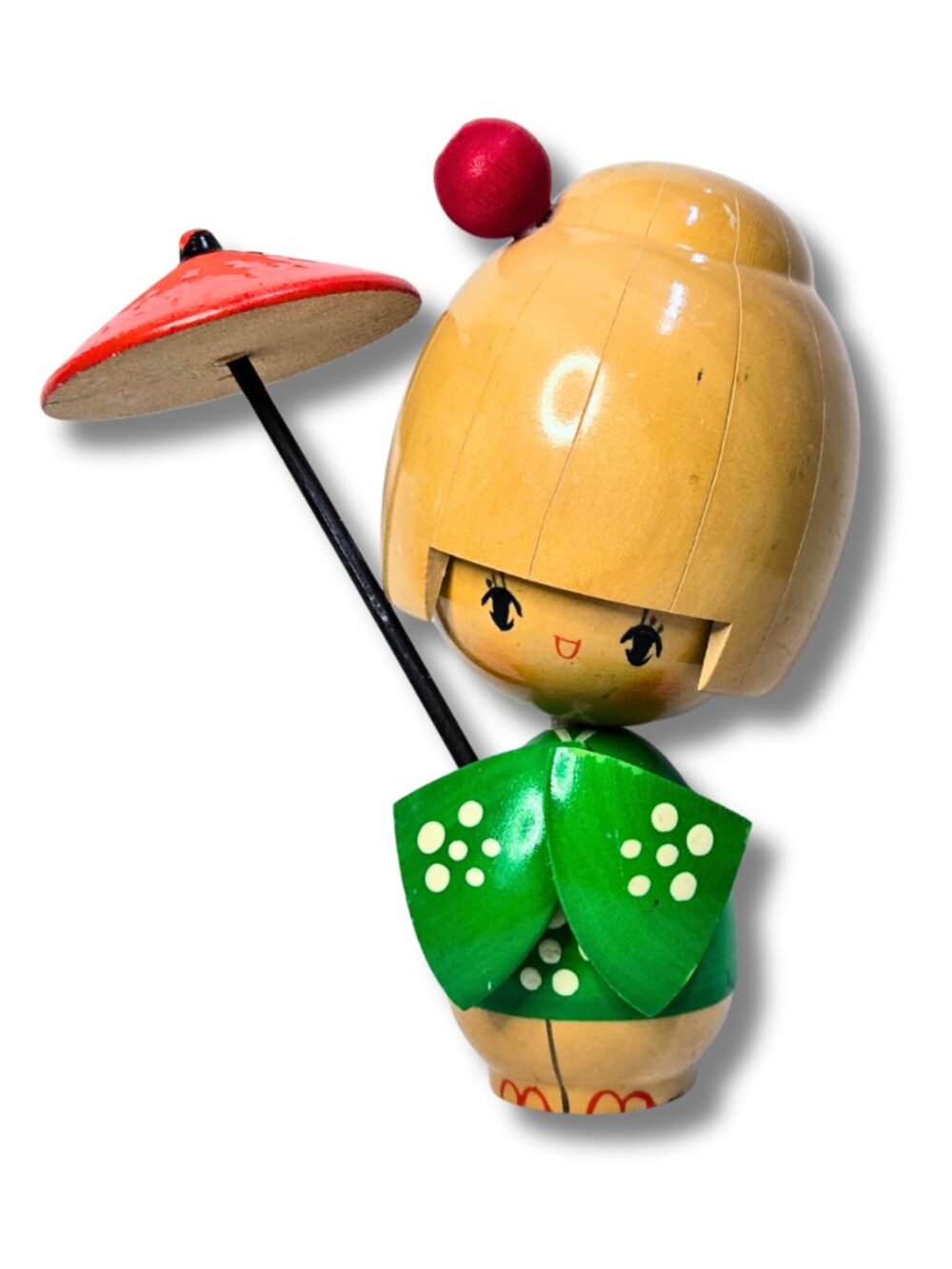 Vintage Kokeshi Doll Wood Handmade Japan Signed 12cm Traditional Red Green